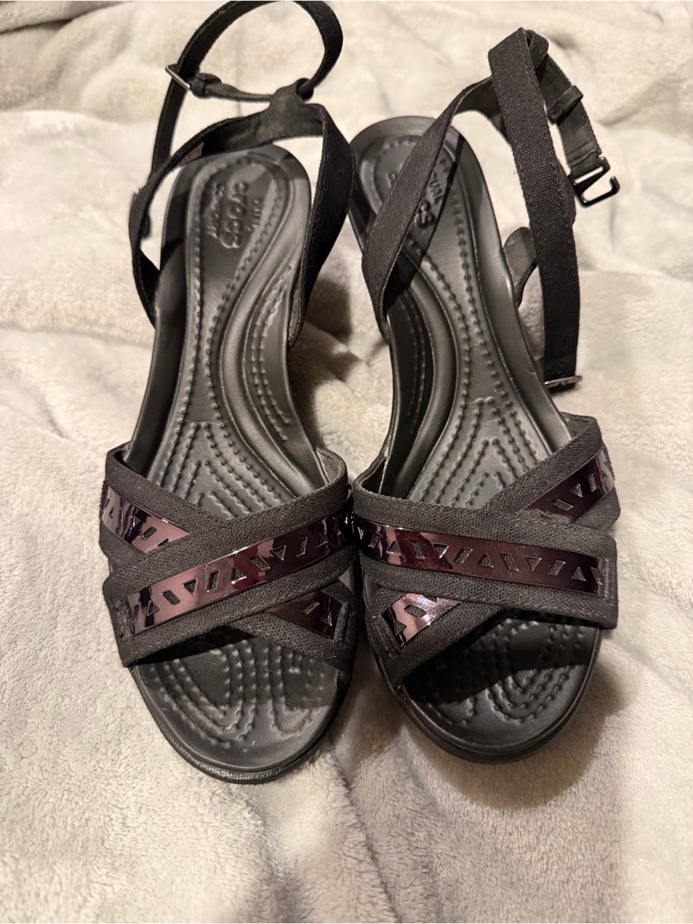 CROCS Black Strappy Wedge Sandals with Dark Metallic Accent